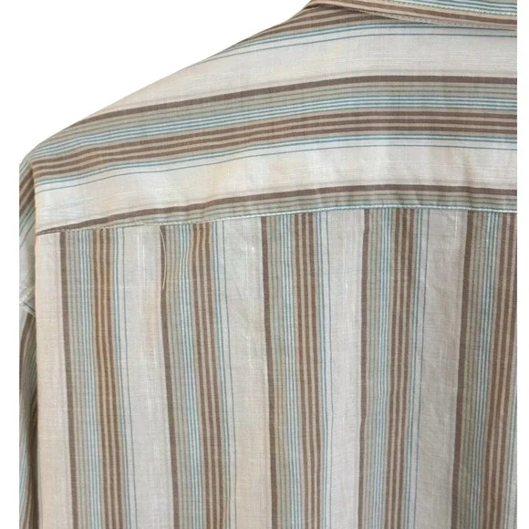 NWT HUGO BOSS Linen Blend Brown/Teal Striped Long Sleeve Shirt Men's XXL - Picture 4 of 9